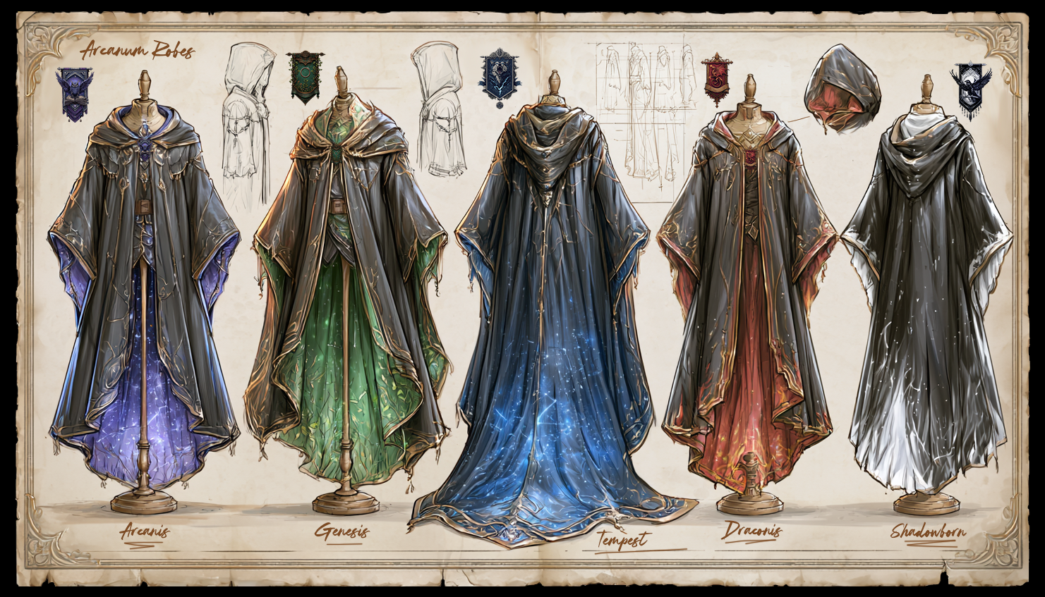 Arcanum of Aetherion - Robe Concepts — Concept sheet showing the ceremonial robes of the five Orders